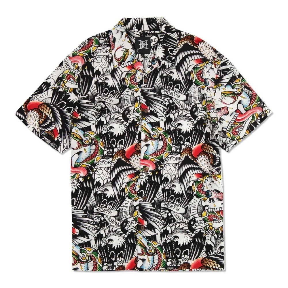 Ed Hardy Battle Skull Tattoo Art Print Camp Shirt Sz XL‎ NEW Button Up